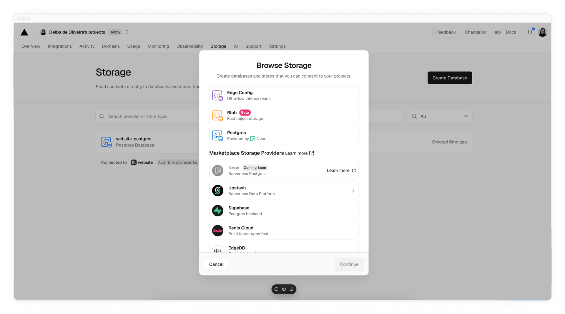 Connect Store screen showing the Postgres option along with KV, Blob and Edge Config